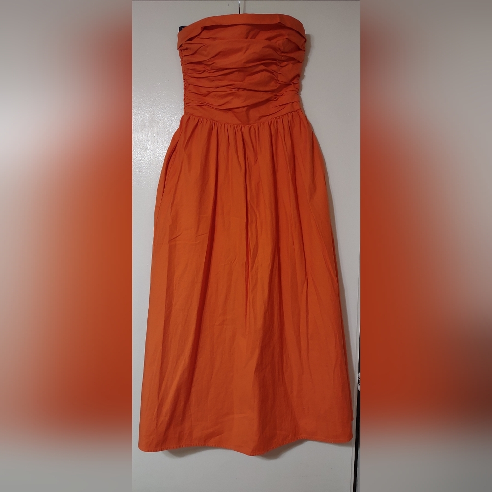Reformation Strapless Ruched Orange Midi Dress